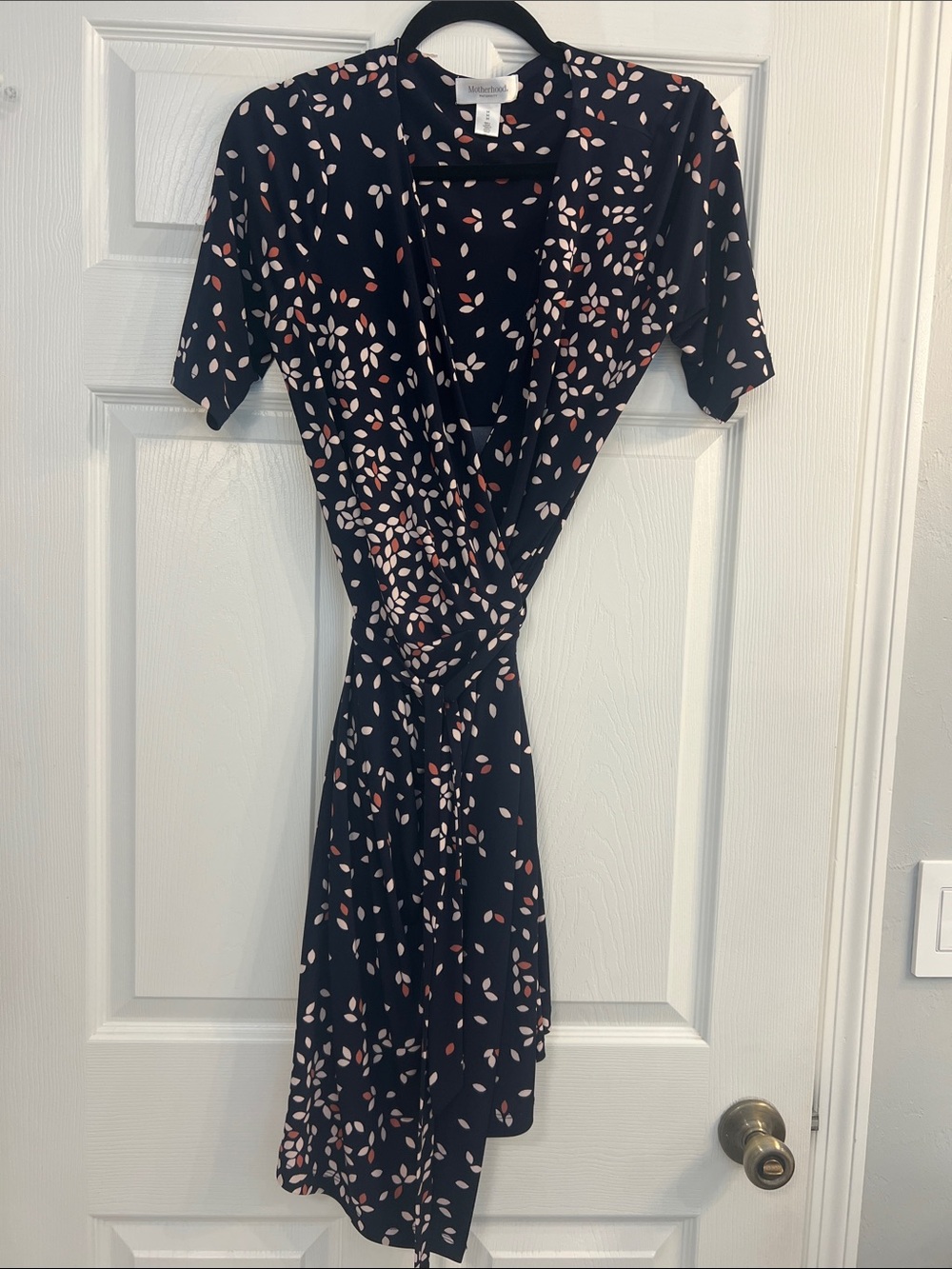 Motherhood Maternity Black Midi Wrap Dress with Pink Leaf Motif